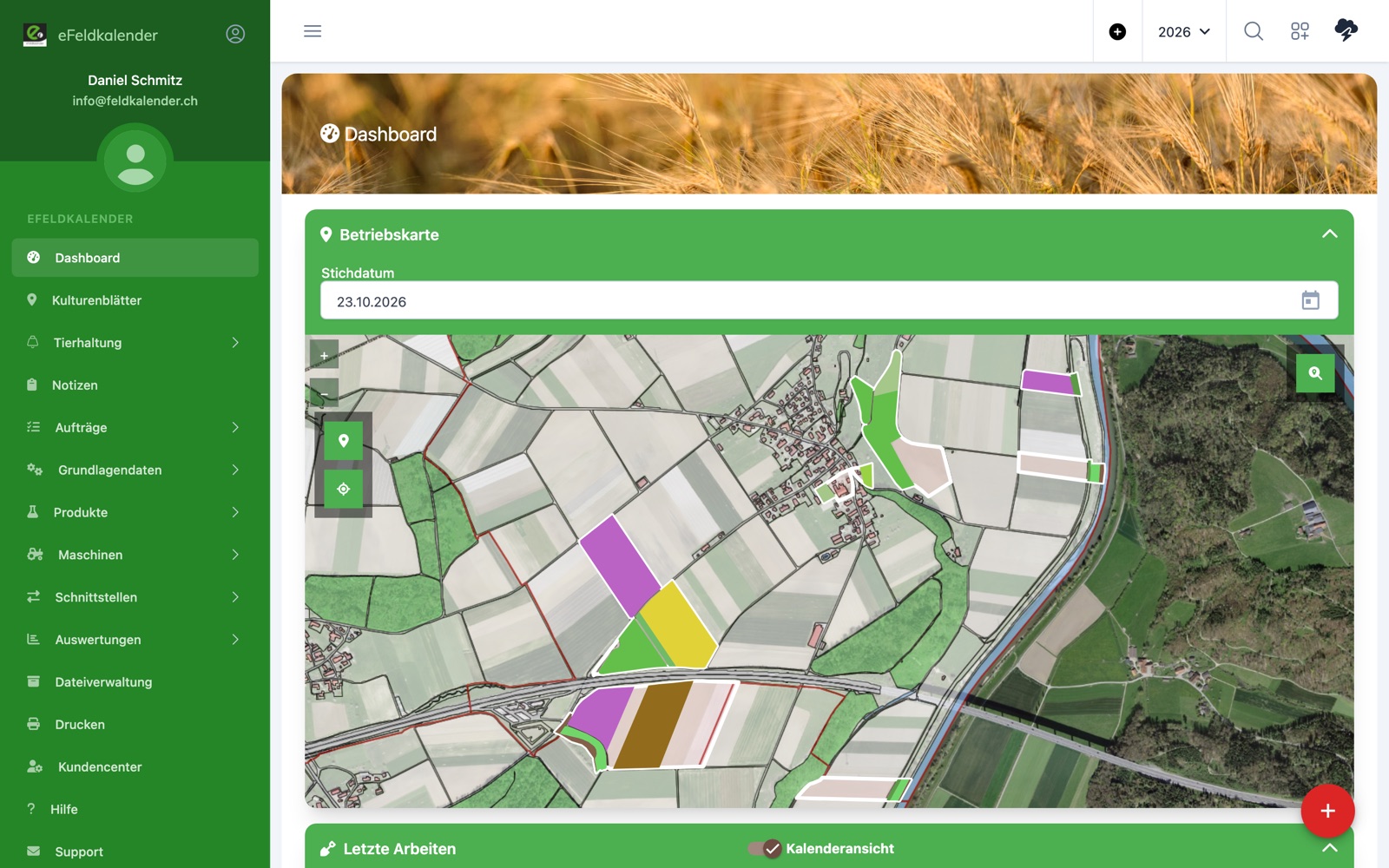 Dashboard von eFeldkalender mit Betriebskarte
