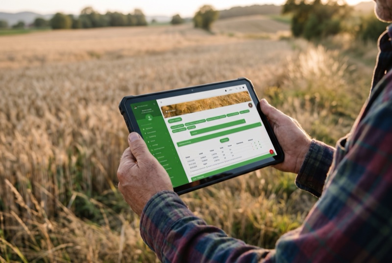 Landwirt mit eFeldkalender auf dem Tablet im Getreidefeld
